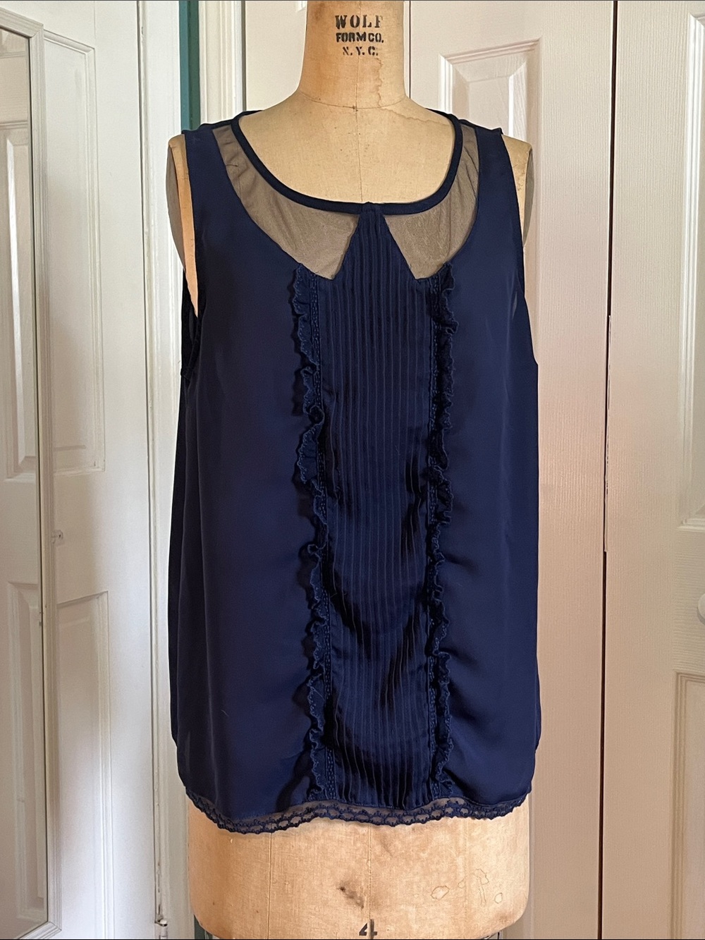 Lauren Conrad Women's Navy Sleeveless Ruffled Front Shell Top